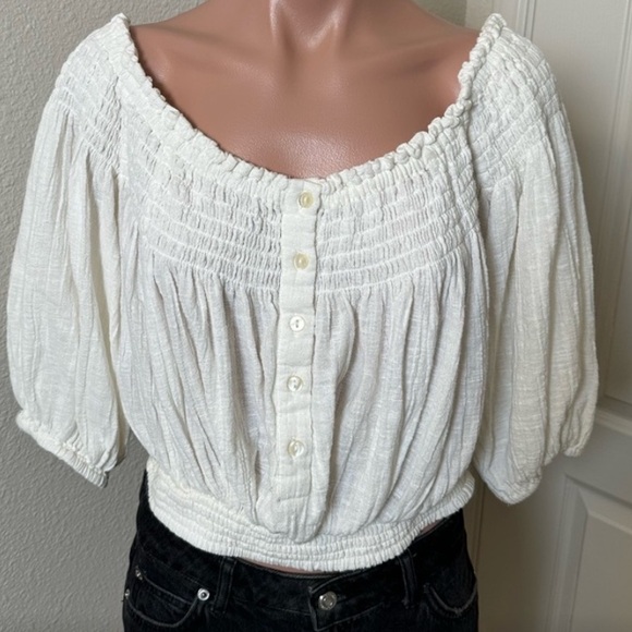 #66 Free People/ We the free “Dancing Til Dawn”White Billowy Gauzy Peasant crop - Picture 3 of 6